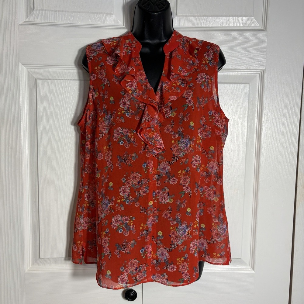 CABI Crush Floral Chiffon Shirt Women M Red Sheer Ruffle V Neck Sleeveless Top